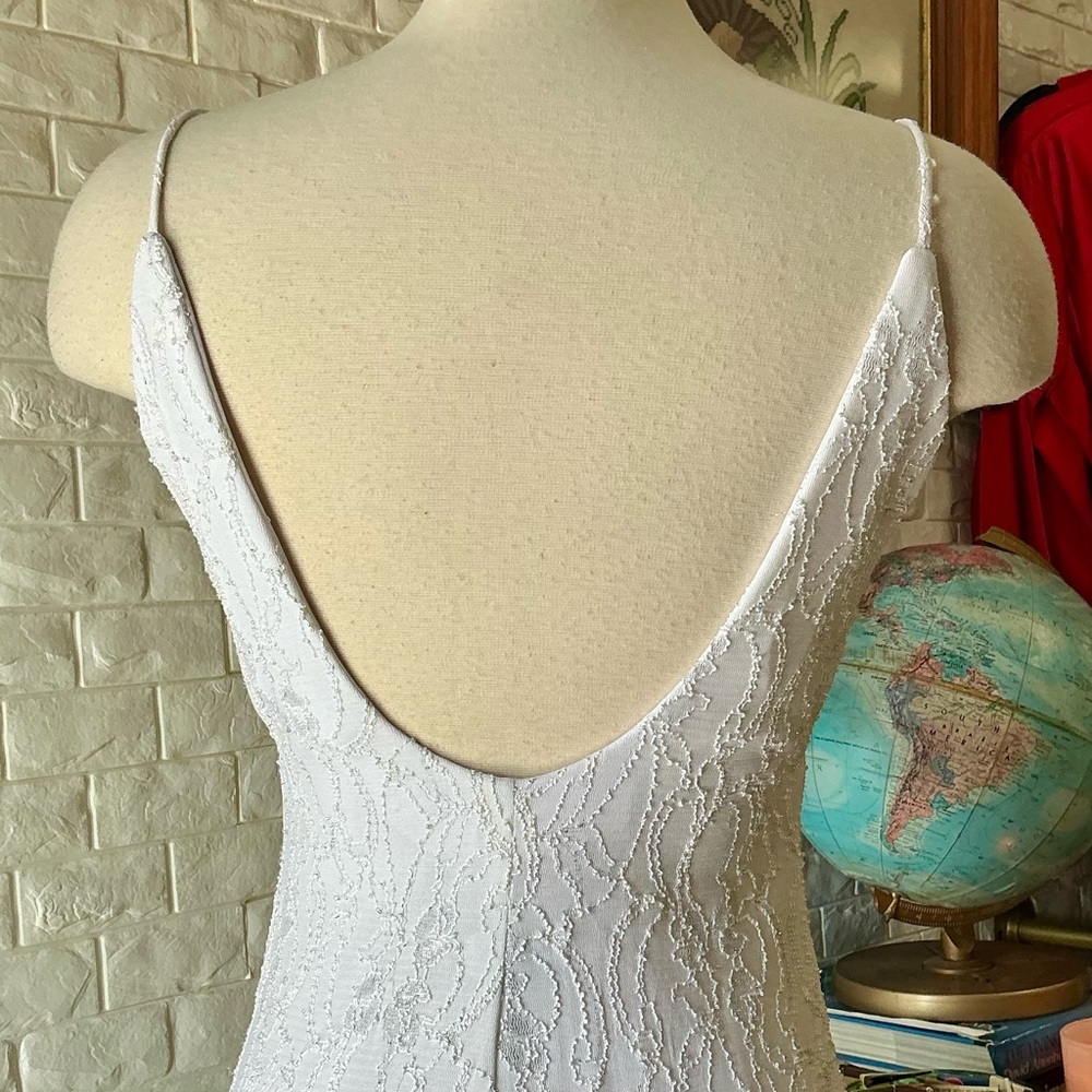 Vintage 1990s White Lace Overlay Bodycon Formal Dress Side Cut-Outs Scoop Back - Picture 10 of 14